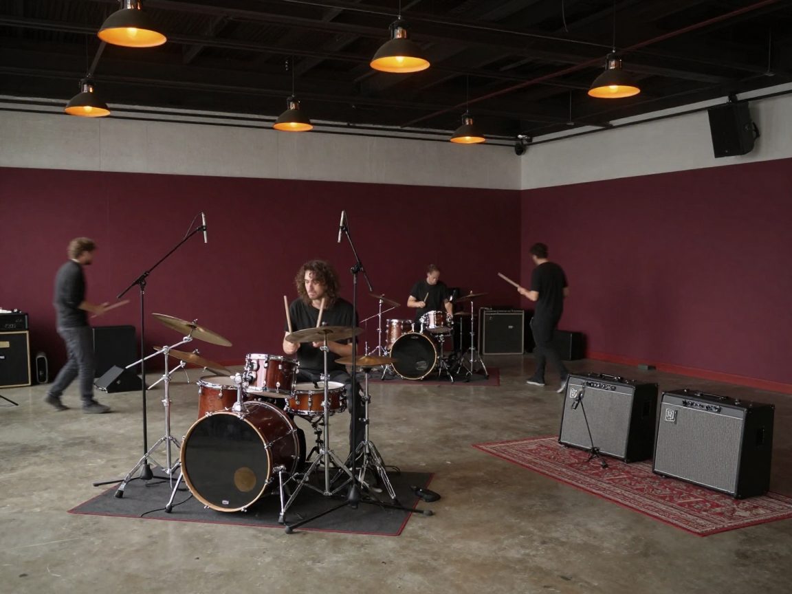 Band met drums en gitaren in een grote live room.