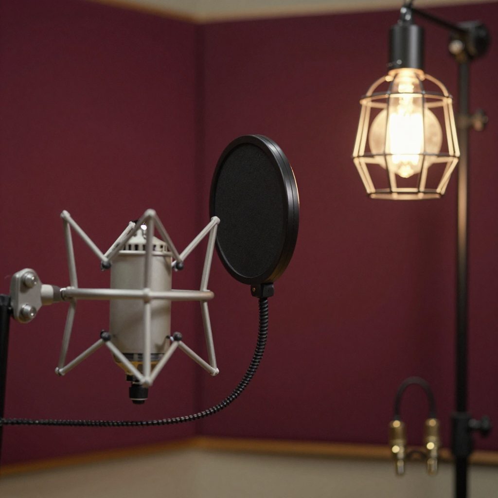 Detail van popfilter en akoestiek in zangbooth.