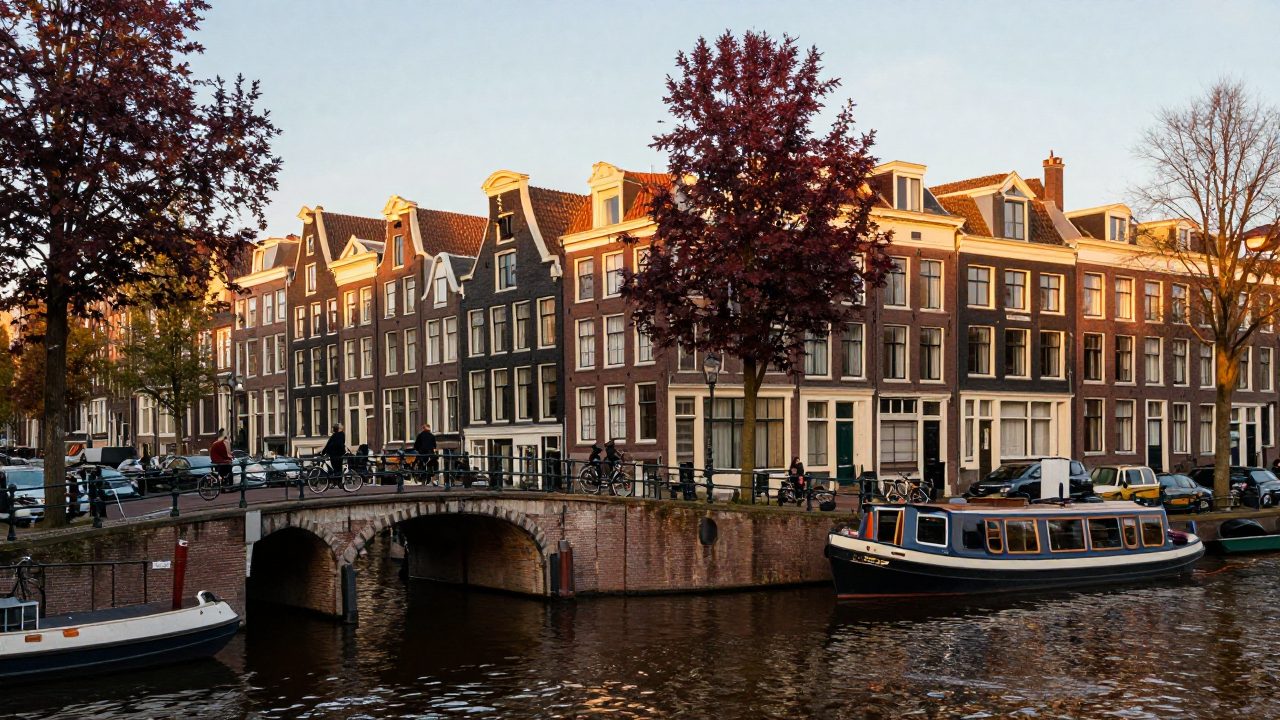 Canal and bridge at sunset in Amsterdam.