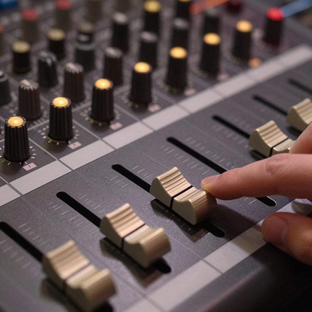 Motorized faders on a mixing console close-up.