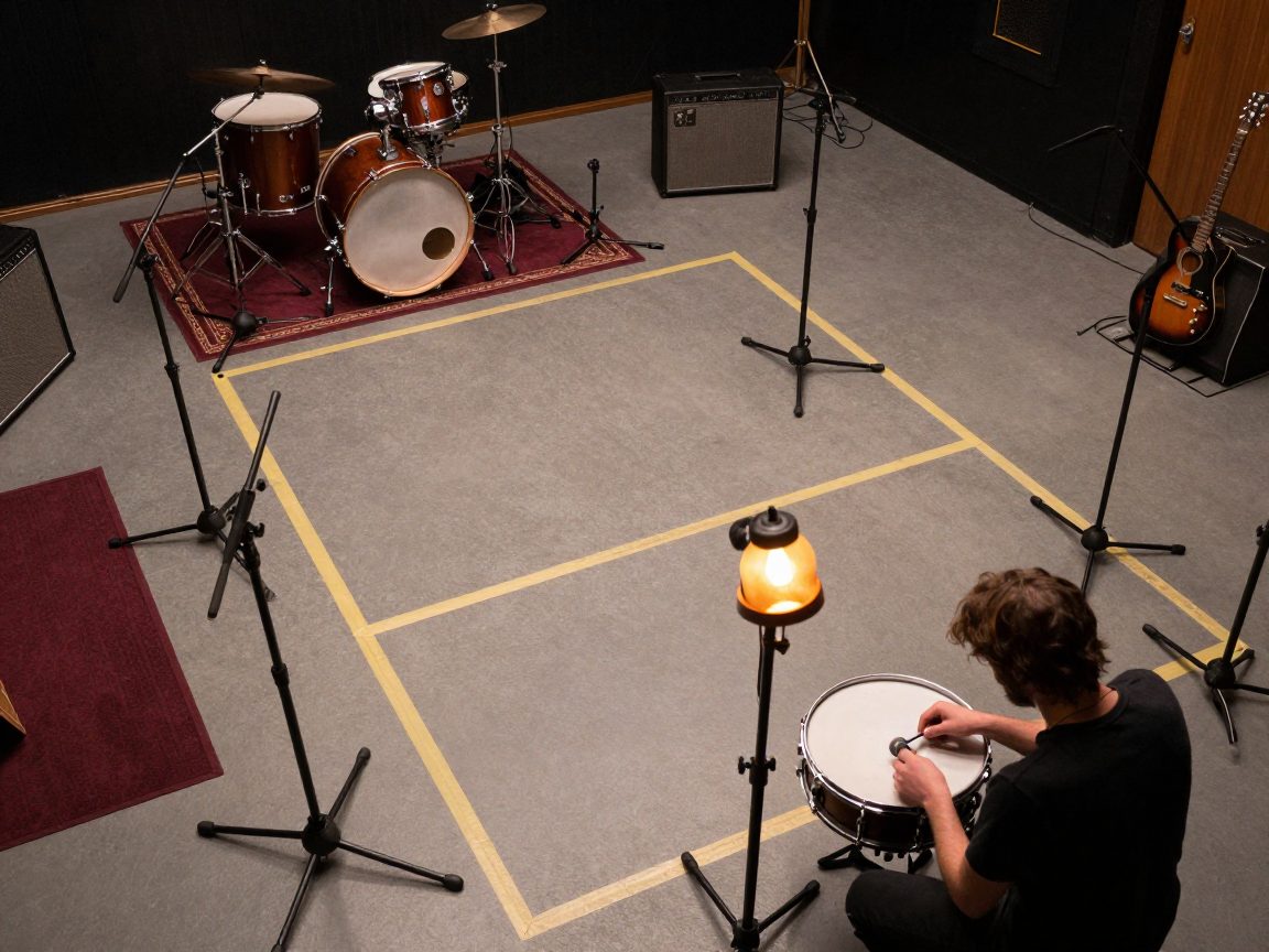 Engineer places mics around drum kit on marked floor.