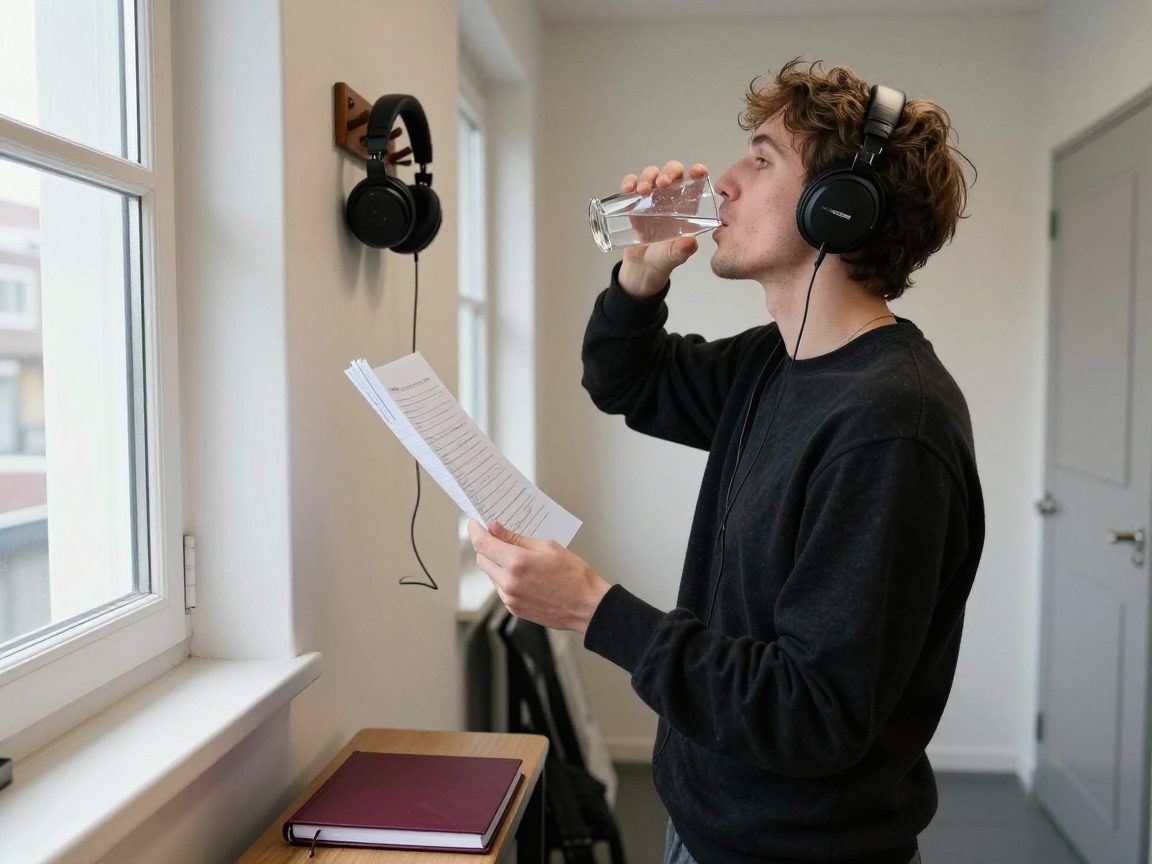 Singer drinks water with papers on a bench.