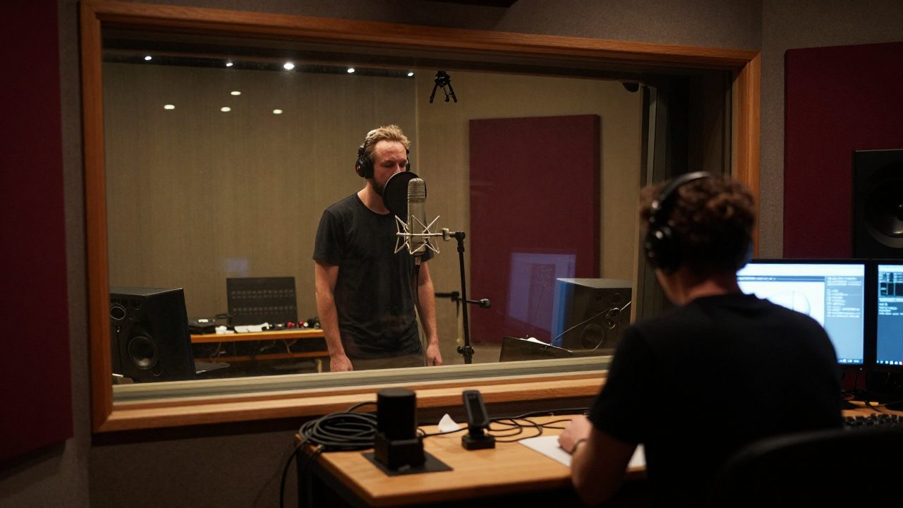 Singer behind glass in booth with engineer in live room.