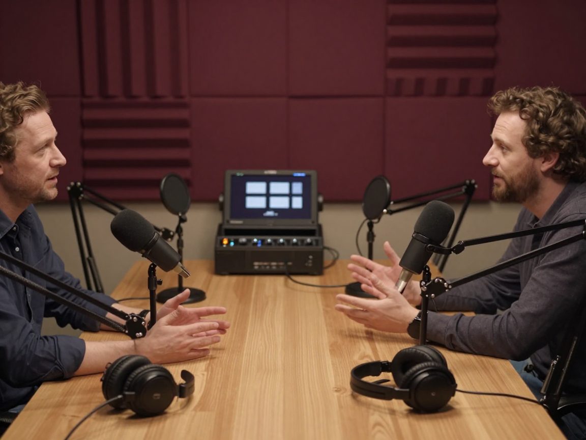Drie gasten praten aan tafel met podcastmicrofoons.