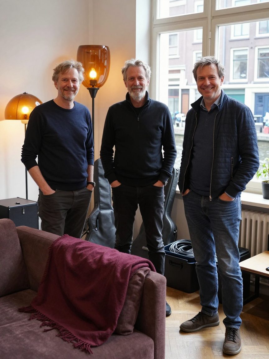 Drie teamleden staan in de studio lounge.